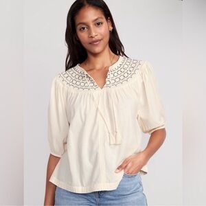 Old Navy Puff-Sleeve Tie-Front Embroidered Swing Top
